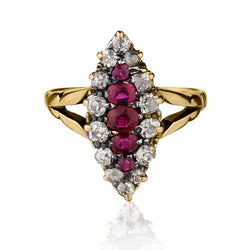 Antique Synthetic Ruby And Old-Mine Cut Diamond Navette-Shaped Ring