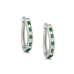Ladies Large 14kt White Gold Green Emerald and Diamond Hoop Earrings.