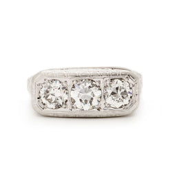 Art Deco Three Stone European Cut Diamond Ring