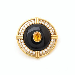Oval-Faceted Yellow Sapphire, Onyx & Diamond Brooch