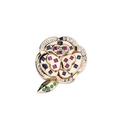 14KT Yellow Gold Sapphire, Ruby, Diamond And Emerald Flower Brooch