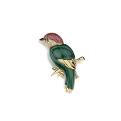 Malachite, Pink Agate, Ruby And Diamond Sparrow Bird Brooch
