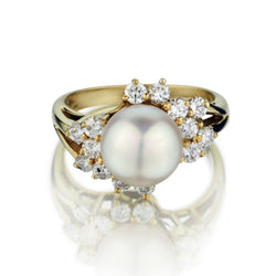 18KT Yellow Gold 9MM Pearl And Diamond Cocktail Ring
