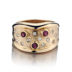 14KT Yellow Gold Ruby And Diamond Curved Wide Band