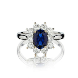 18KT White Gold Sapphire And Diamond Cluster Flower Ring