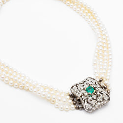 Antique Edwardian Pearl, Diamond & Green Emerald Choker Necklace