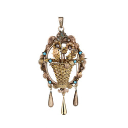 Victorian Flower Basket Pendant / Brooch Locket in 9kt Gold.