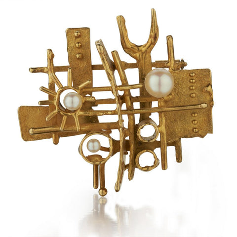 Walter Schluep Abstract Yellow Gold Pearl & Diamond Brooch
