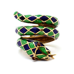 Vintage Yellow Gold And Enamel Coiled Snake Ring