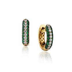 Ladies Green Garnet "Tsavorite" and Diamond Small Hoop Earings. 18kt yellow gold.