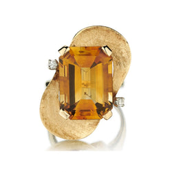 Mid-Century 14KT Yellow Gold Citrine And Diamond Cocktail Ring