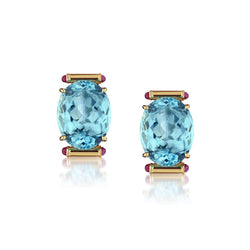 Ladies Large 14kt Rose Gold Blue Topaz and Cabochon Rubies Earrings.