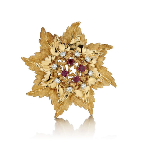 Birks 18KT Yellow Gold Ruby And Diamond Floral Brooch
