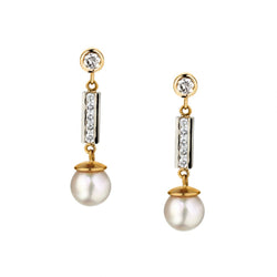 Ladies 18kt Yellow Gold, 9mm Pearl and Diamond Pendant Earings .