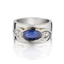 Platinum Custom-Made Three-Stone Sapphire And Pear-Shaped Diamond Ring