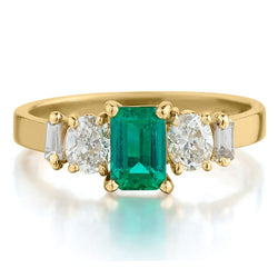 Green Emerald, Baguette Cut And Oval Cut Diamond Yellow Gold Ring