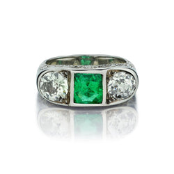 1.65 Carat Untreated Green Emerald And Diamond Vintage Ring
