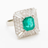 3.50 Total Carat Green Emerald & Diamond White Gold Ring