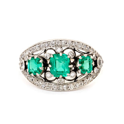 Vintage Platinum & Gold Green Emerald And Diamond Ring