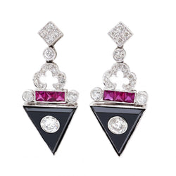 Art Deco Inspired Onyx, Ruby & Diamond Earrings