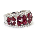 Ruby And Diamond Floral Wide 18KT White Gold Band Ring