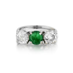 Ladies 14kt  W/G  3 Stone Diamond and Green Emerald Ring