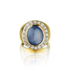 Star Sapphire Cabochon Gemstone And Diamond Unisex Ring