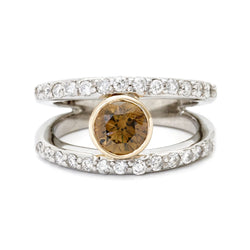Brown Round Brilliant Cut Diamond Wide Yellow And White Gold Ring