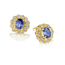 Yellow Gold Cornflower Blue Sapphire And Diamond Halo Flower Earrings