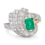 Mid-Century Green Emerald & Diamond Gold Cocktail Ring
