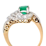 Mid-Century Green Emerald & Diamond Gold Cocktail Ring