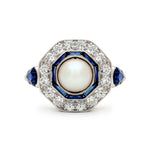 Art-Deco Natural Pearl, Sapphire & Diamond Plat Ring