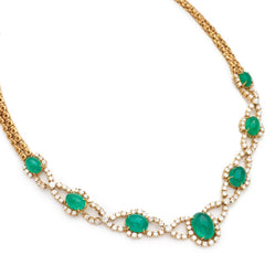 Cabochon Green Emerald & Diamond Yellow Gold Necklace