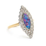 Antique Black Opal And Diamond Navette-Shaped Ring