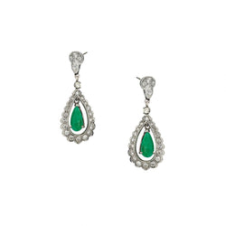 Mid-Century Green Emerald And Diamond Drop Pendant Earrings