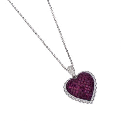 Invisibly-Set Ruby And Diamond Heart-Shaped Pendant Necklace