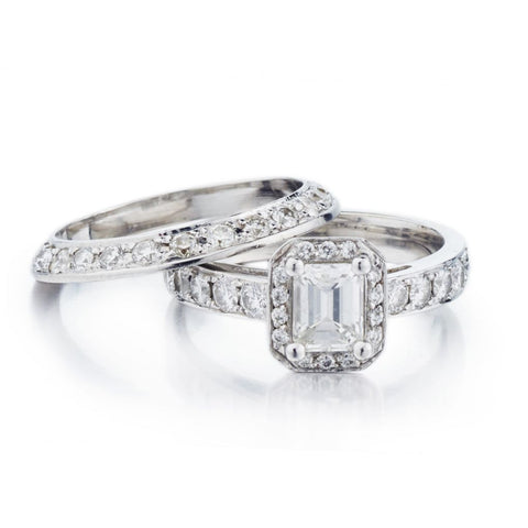 0.65 Carat Emerald Cut Diamond Halo Ring Wedding Set