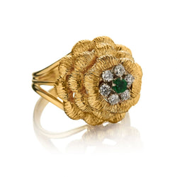 Green Emerald And Round Brilliant Cut Diamond Yellow Gold Floral Ring