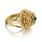 Green Emerald And Round Brilliant Cut Diamond Yellow Gold Floral Ring