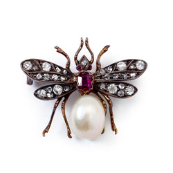 Victorian Diamond, Pearl & Synthetic Ruby Insect Brooch