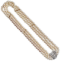 Triple Strand Cultured Pearl Necklace With Diamond Clasp