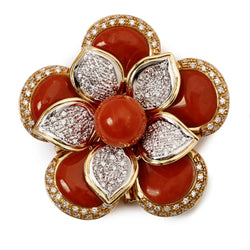 Coral And Diamond Gold Flower Brooch/Pendant
