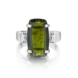 5.80 Carat Green Tourmaline & Baguette-Cut Diamond White Gold Ring