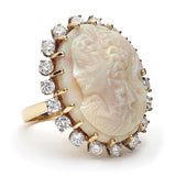 Yellow Gold Carved Opal Cameo & Diamond Ring