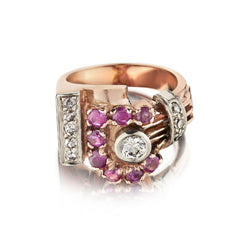 Retro Rose Gold And Platinum Ruby And Old-European Cut Diamond Ring