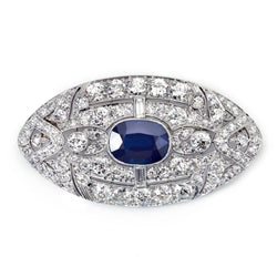 Art-Deco Blue Sapphire & Old-Cut Diamond Platinum Brooch