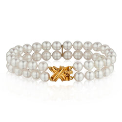 Tiffany & Co 18kt Y/G  "X" Clasp Collection . Double Row Pearl Bracelet.