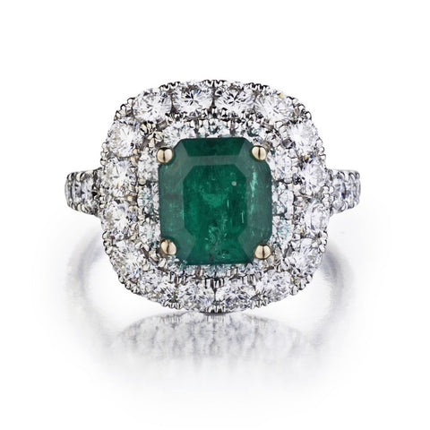 2.54CT Green Emerald & Diamond Double Halo Ring