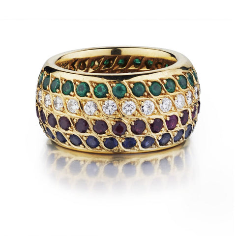 Yellow Gold Coloured Gemstone And Diamond Wide Band