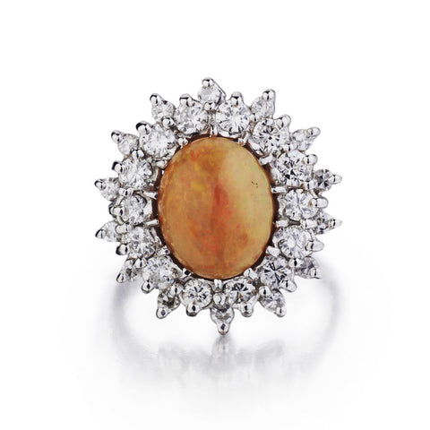 Oval Fire Opal And Diamond Cluster White Gold Ring